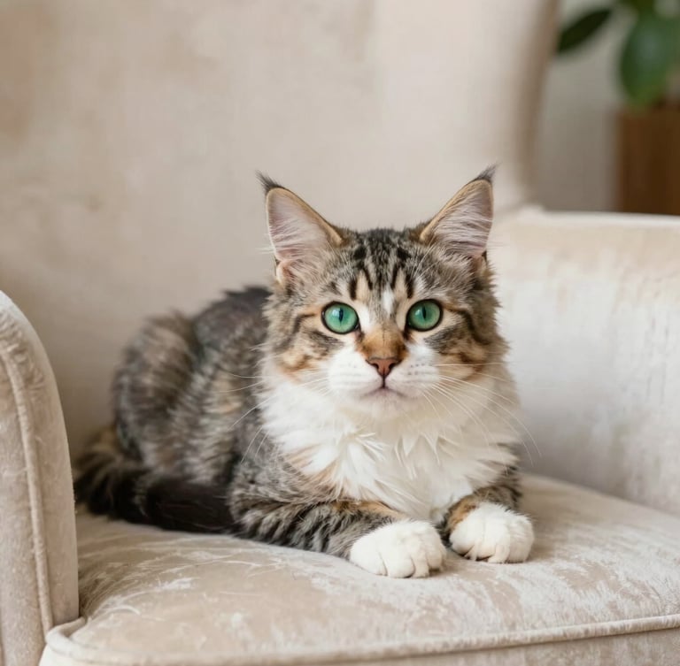 A close-up portrait of a fluffy pedigree kitten with striking green eyes lounging on a cream-colored velvet armchair, soft natural daylight, shallow depth of field