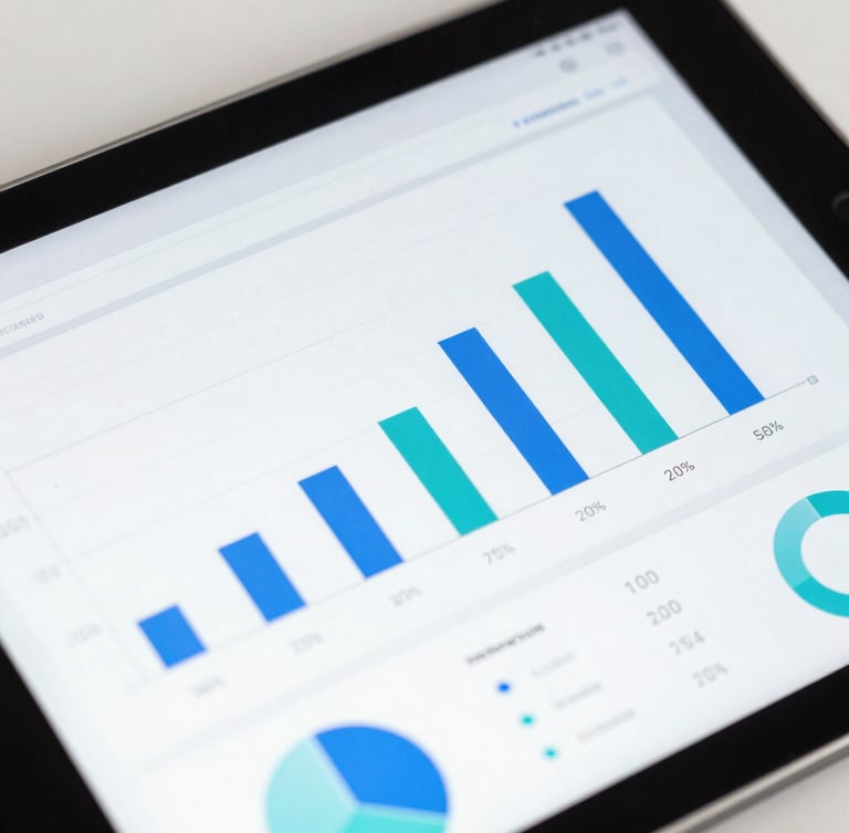 Macro shot of a high-contrast digital analytics dashboard on a tablet, displaying bright blue and teal conversion charts, cool studio lighting
