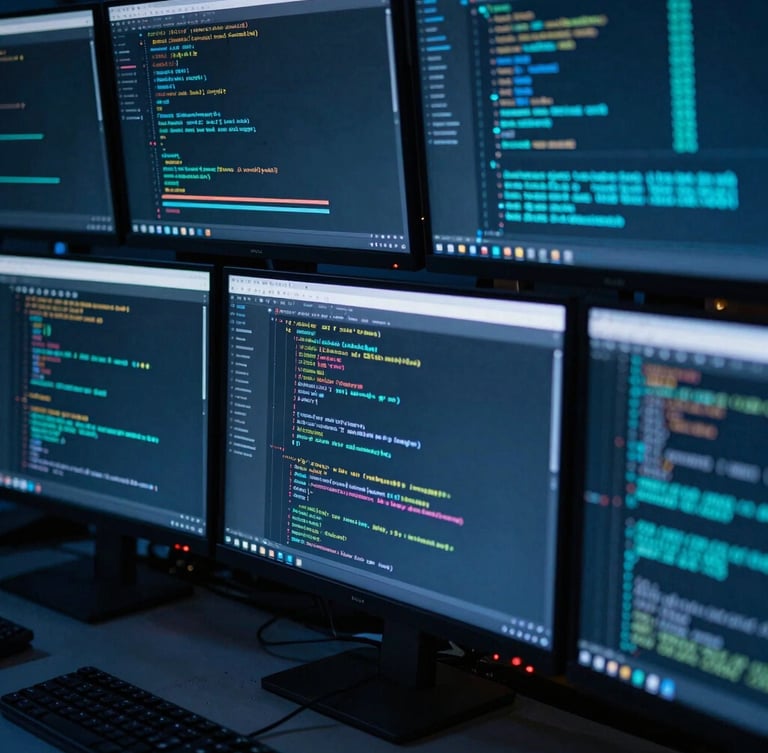Close-up of a developer workspace with multiple monitors displaying complex code and data flow diagrams, cool blue and cybernetic cyan undertones, sharp focus, 35mm lens