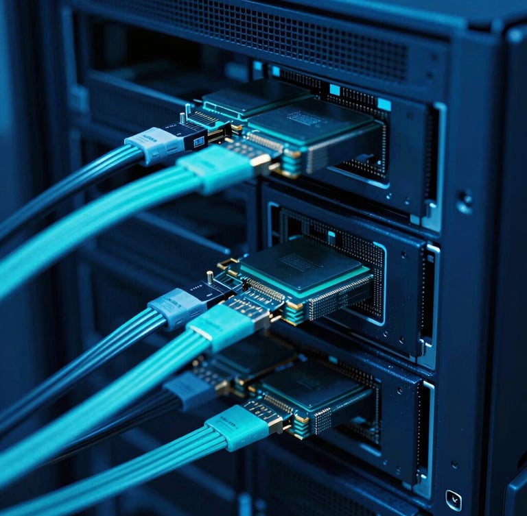 Macro shot of high-end server hardware with cool blue and neon cyan lighting, focusing on data transmission cables and processors, dark technical photography, 35mm lens