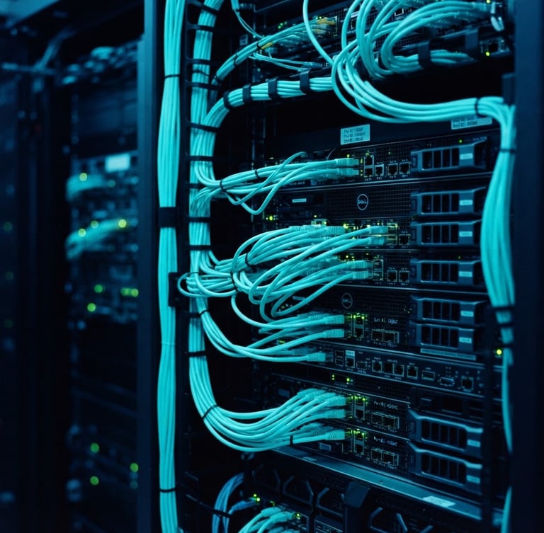 Close-up of a high-end server rack with neon cyan status lights, dark technical photography, cool blue undertones, sharp focus on data cabling, 35mm lens