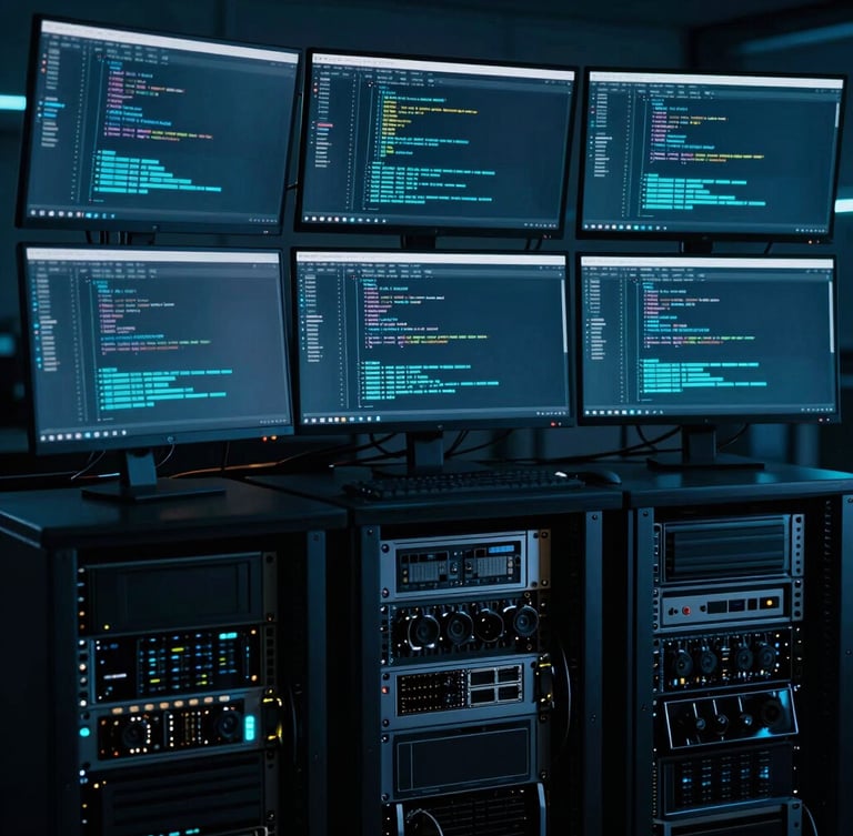 Clean developer workspace with multiple monitors displaying complex backend code, dim low-key dramatic lighting, cybernetic cyan undertones, dark technical photography