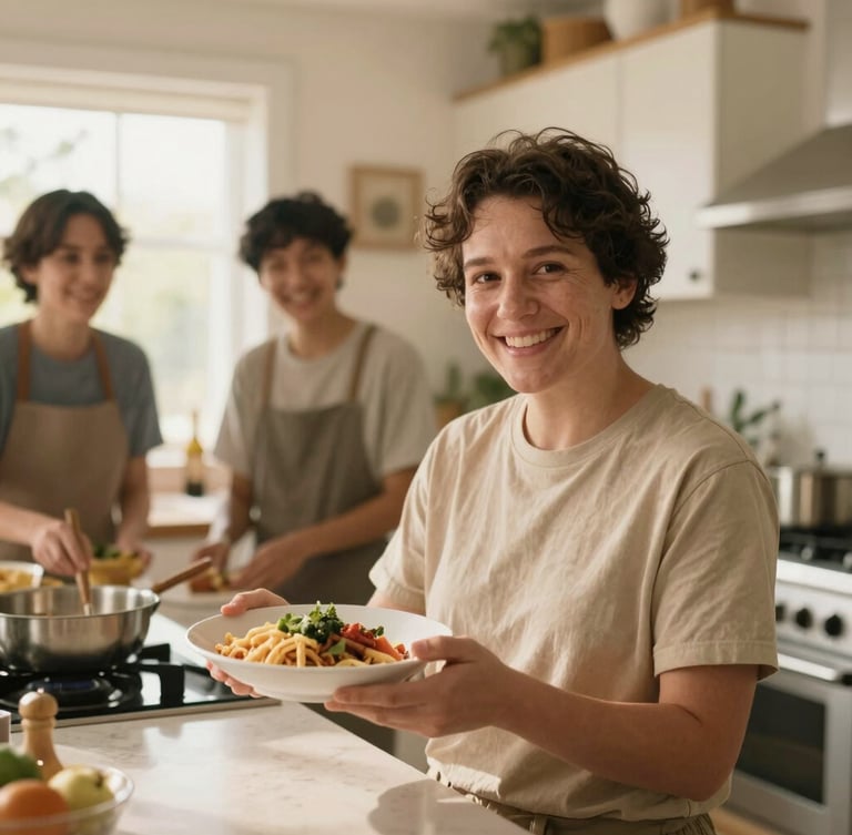 Adult with developmental disability proudly showing a meal they cooked in a warm, sunlit home kitchen, support staff smiling in background, authentic moment, natural daylight, soft golden tones, shallow depth of field, 35mm lens