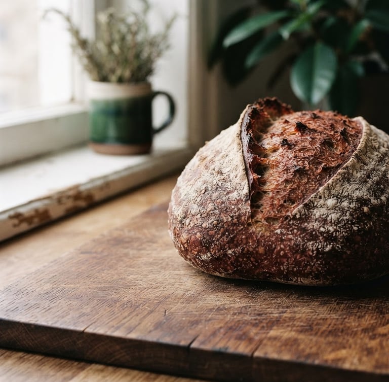 Close-up of a rustic artisanal sourdough bread on a wooden cutting board, soft natural window light, warm editorial photography, rich carmine and deep green tones, 35mm film, Scandinavian aesthetic, with generous negative space on the left.