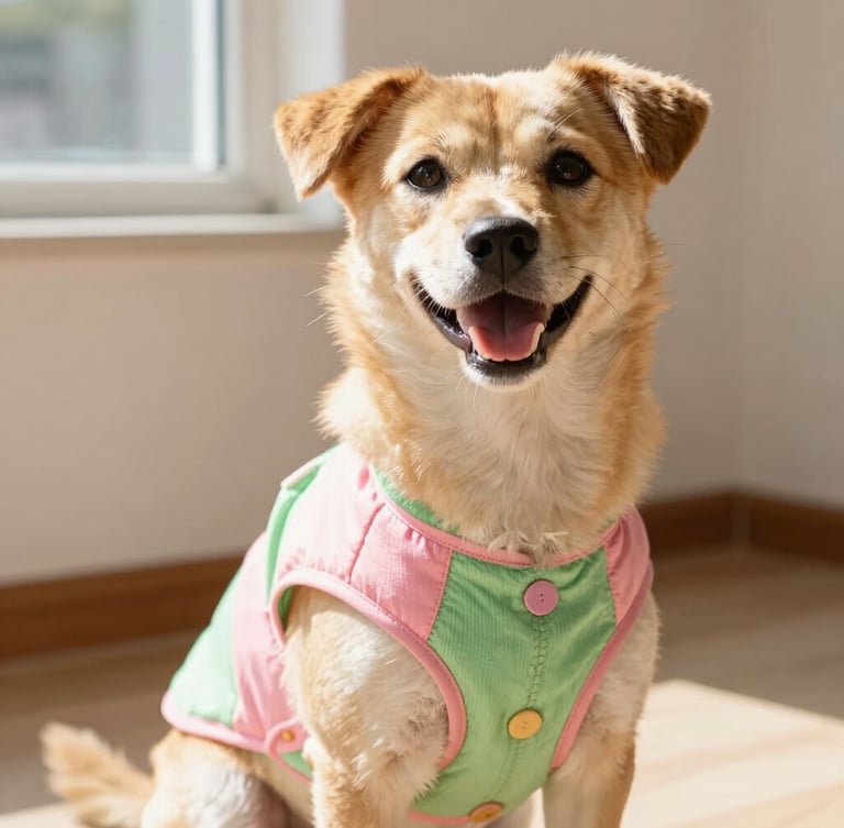 Bright cheerful dog of unique mixed breed sitting happily in a sunny room, wearing a perfectly fitted colorful pink and green hand-stitched vest, close-up, warm natural daylight