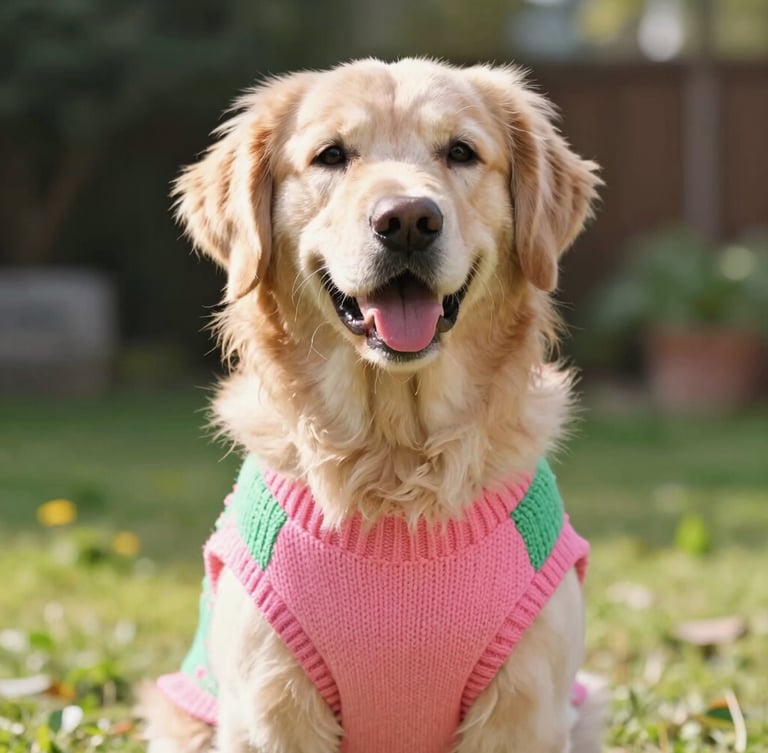 Eye-level portrait of a happy golden retriever wearing a vibrant pink and green handmade sweater in a sunny garden, warm daylight, shallow depth of field.