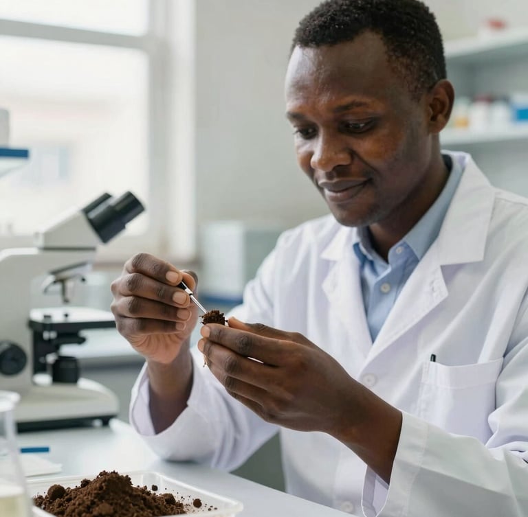Medium close-up of a Guinean researcher in a bright, daylight-filled laboratory, focusing on a soil sample analysis, shallow depth of field, 35mm lens.