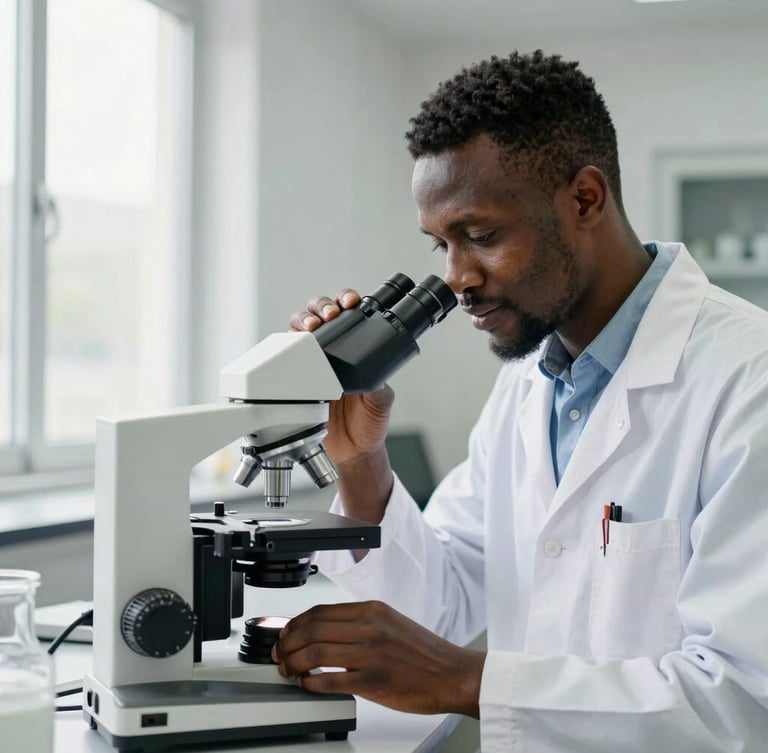 A professional Guinean researcher in a clean modern laboratory, adjusting a microscope under bright natural window light, focused editorial documentary style.