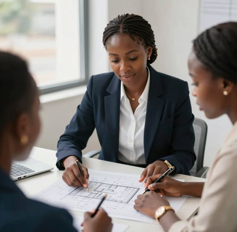 A collaborative mentoring session in Conakry, a professional female mentor guiding a young Guinean entrepreneur over a clean architectural blueprint, natural light.