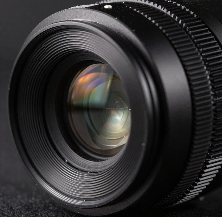 Extreme close-up of a custom black anodized aluminum lens cell, showing precise thread quality and a laser beam reflecting off the internal glass element.