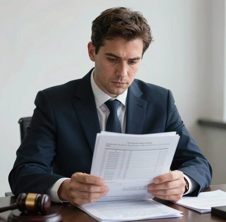 Sober editorial portrait of a lawyer in deep thought, analyzing financial spreadsheets and legal documents, cool diffused daylight, high contrast, 35mm lens