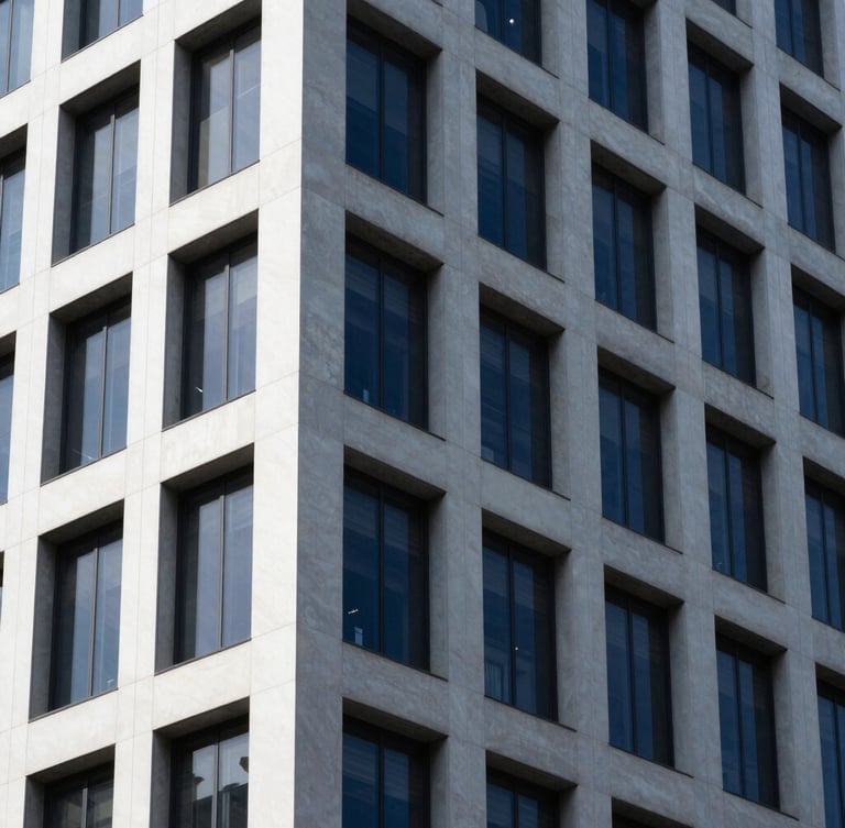 Tight architectural crop of a modern corporate building facade, sharp angles, cool diffused daylight, deep navy shadows, high contrast