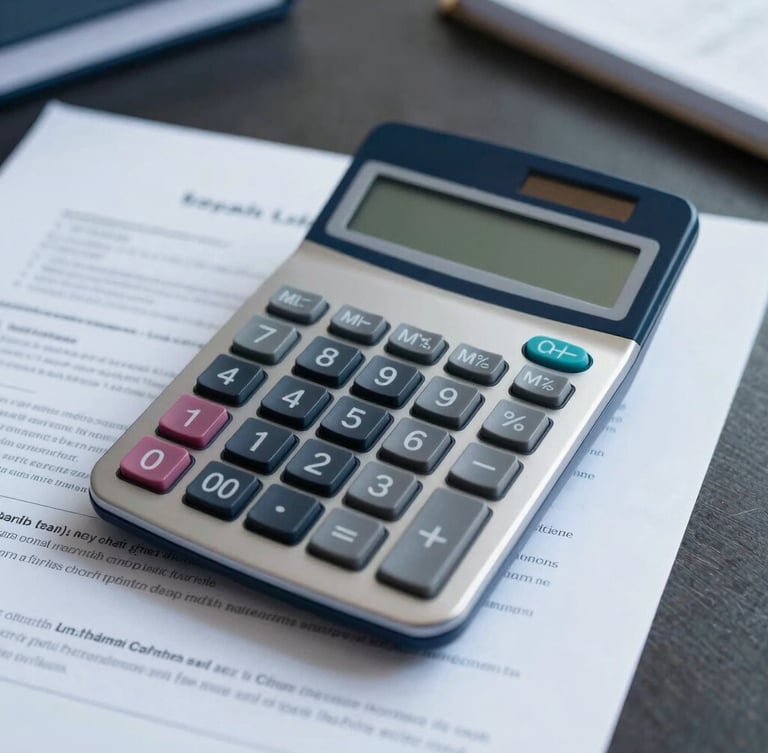 Sober editorial photography of a high-end calculator and legal documents on a dark desk, cool diffused daylight, sharp focus