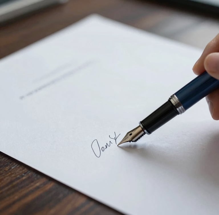 Close-up of a fountain pen signing a heavy cotton paper document on a dark wooden table, cool natural light from the side, sober atmosphere