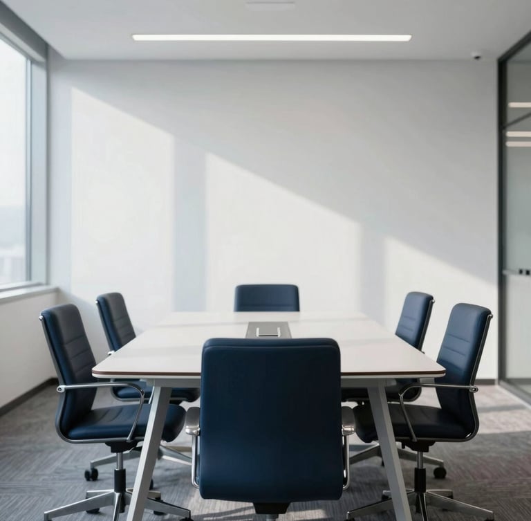 Sober editorial photography of a modern, clean corporate office meeting room with cool diffused daylight, high contrast, subtle shadows, 35mm lens.