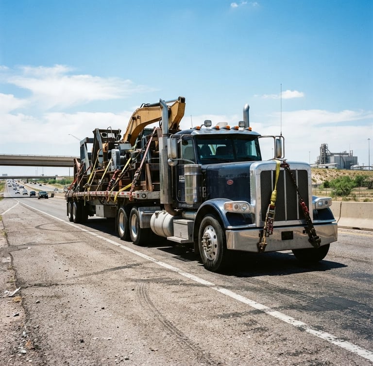 Low-angle heroic shot of a heavy-duty flatbed truck loaded with secured industrial cargo, bright Texas daylight, high-contrast, 35mm
