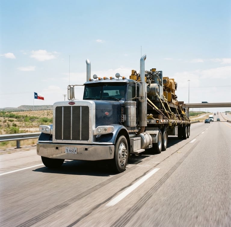 Low-angle heroic shot of a heavy-duty flatbed truck carrying industrial equipment, secured with heavy yellow tensioner straps, driving on a wide Texas highway under bright midday sun, 35mm