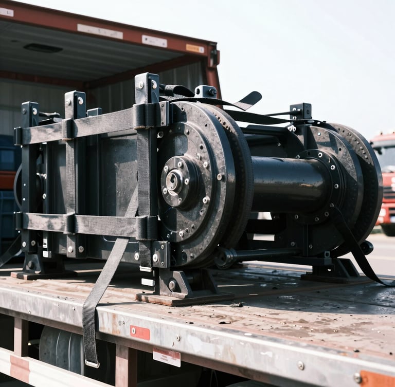 Close-up of industrial cargo tensioners and heavy-duty straps securing equipment on a flatbed truck, high-contrast realistic tones, bright daylight, 35mm