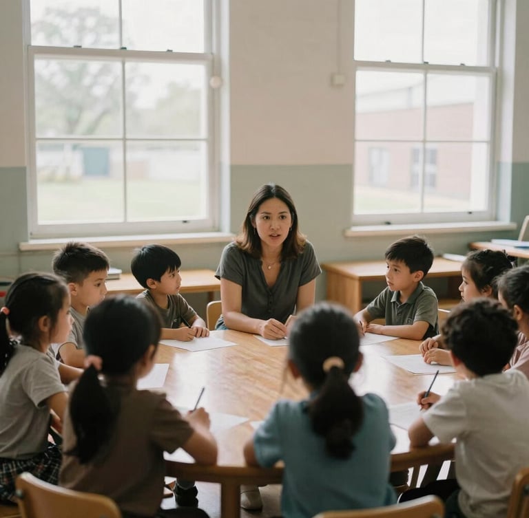A wide environmental portrait of an educator working with young children in a classroom lit by soft, natural window light, documentary style, 35mm lens, warm muted tones.