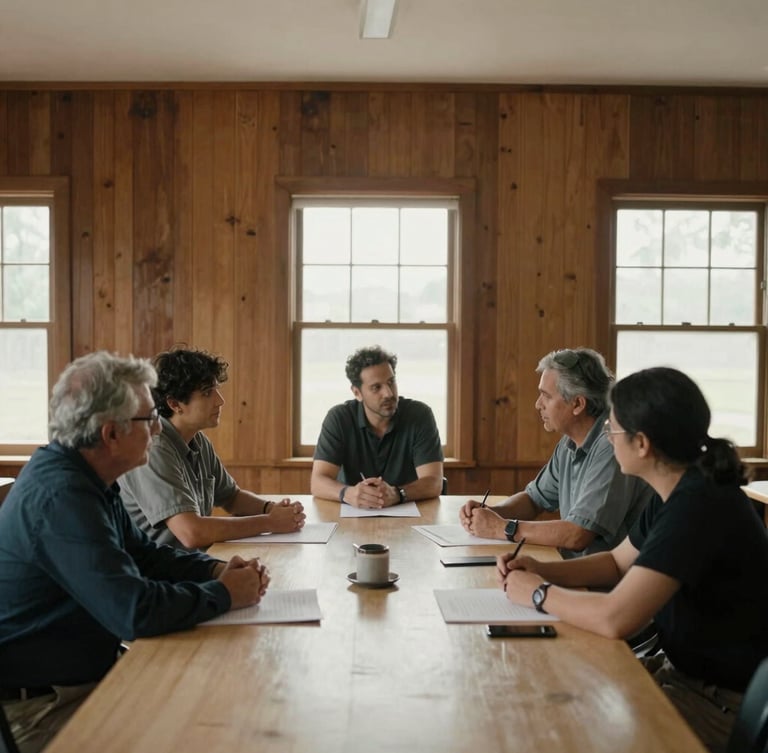 Medium wide shot of community leaders in a sunlit, wood-paneled room discussing plans over a large table, soft natural window light, warm muted earth tones, 35mm lens, documentary film photography.