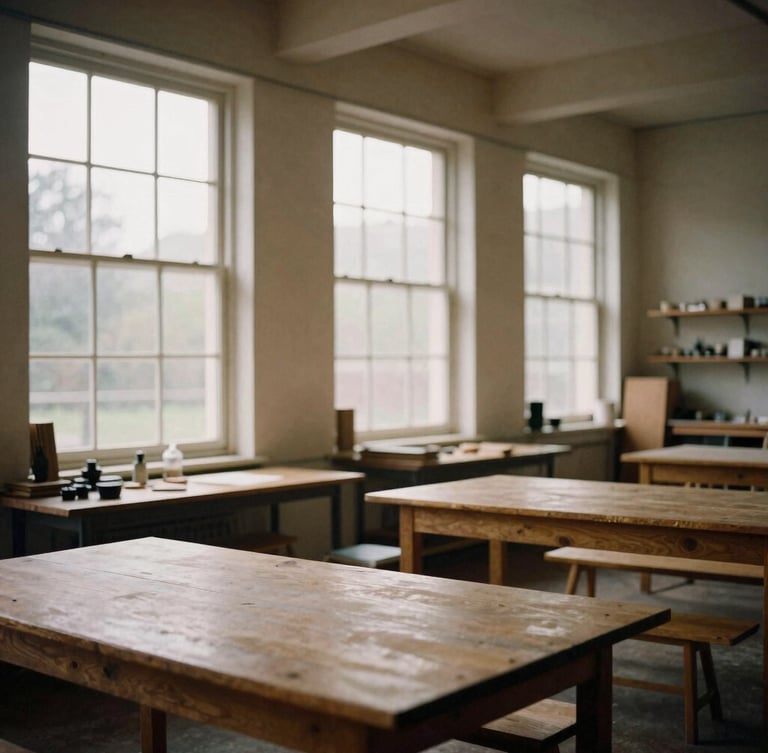 A quiet, naturally lit community workshop space with large windows, wooden tables, and architectural details, warm muted earth tones, 35mm documentary film style.