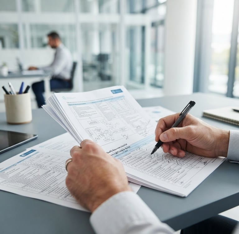 Close-up of hands reviewing technical medical documentation and quality checklists in a bright, daylight-filled modern office, sterile blue and slate tones, sharp focus.