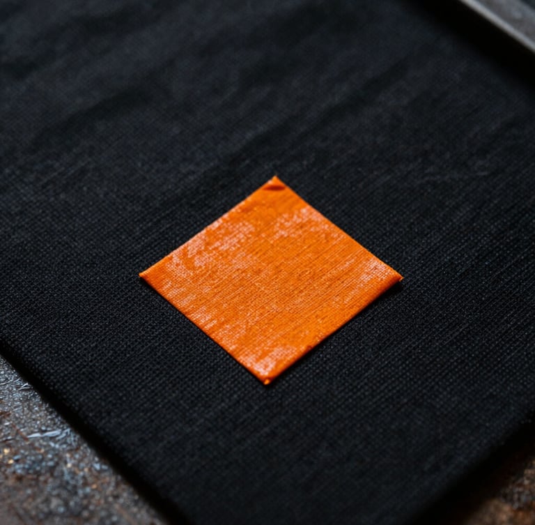 Macro close-up of thick safety-orange ink curing on a black heavyweight cotton canvas, dramatic side-lighting, gritty workshop texture.