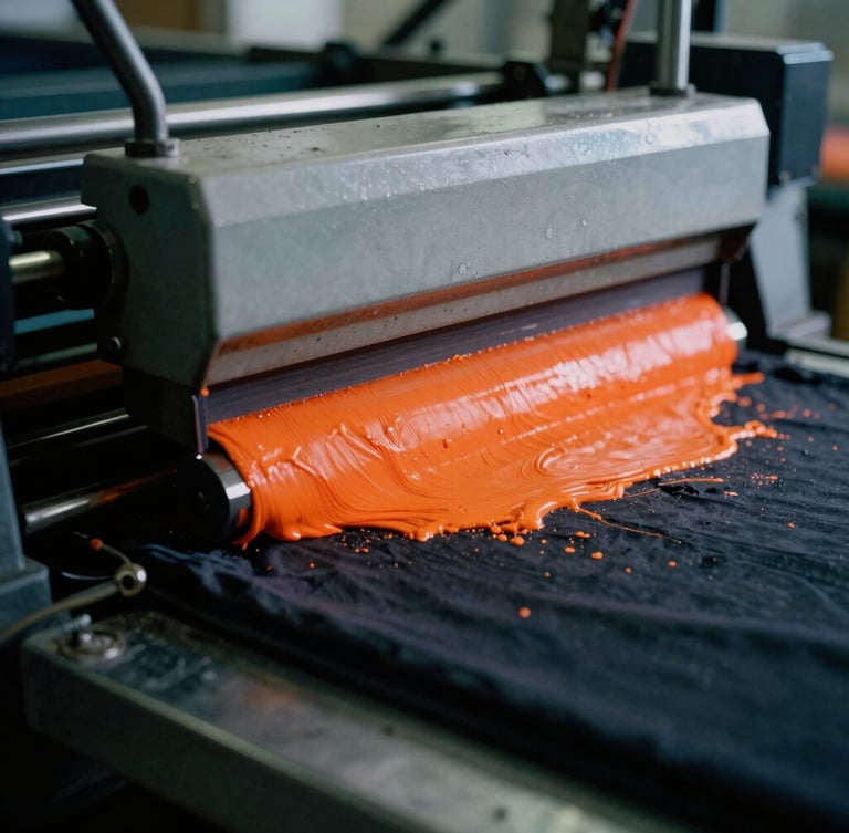 Close-up of industrial screen printing press squeegee pulling safety-orange ink across a dark garment, dramatic side-lighting, high-contrast workshop environment