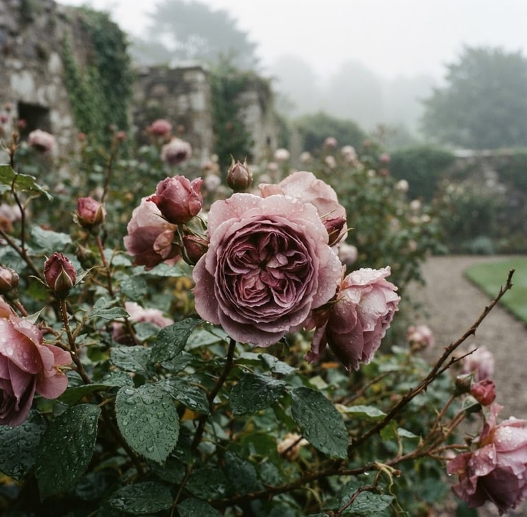Close-up of damp heirloom roses in a historic garden, morning fog, soft overcast daylight, muted coastal tones, 35mm film grain