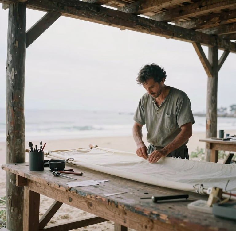 A master sailmaker, hands working on heavy canvas in a sun-dappled, weathered cedar loft, tools on a wooden bench, soft overcast daylight, medium shot, authentic.