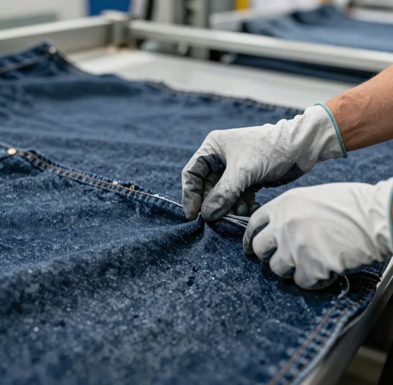 Close-up of hands in gloves inspecting denim fabric for defects, factory floor in background, cool natural factory light, sharp detail, 35mm lens.
