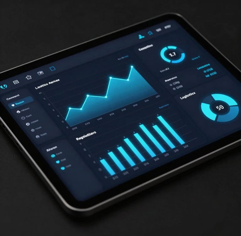 A sleek dark software dashboard showing real-time logistics data, glowing neon blue charts, and minimalistic interface on a tablet screen, sharp studio lighting, high contrast