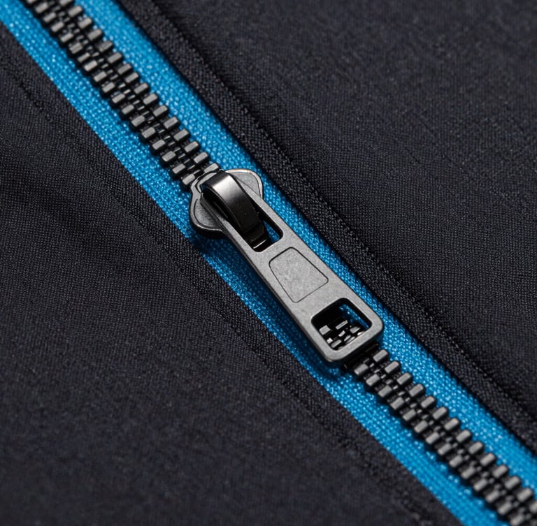 Sleek editorial product photography, macro close-up of technical fabric construction and weather-resistant zippers, sharp high-contrast studio lighting, vibrant cyan and deep black tones, 50mm lens.