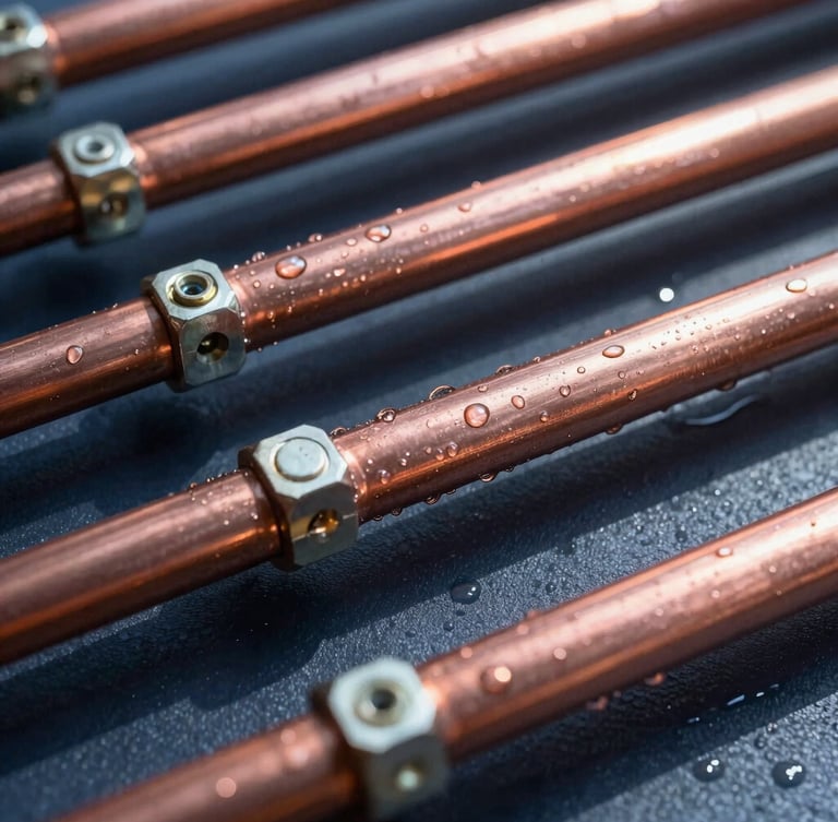 Macro shot of clean copper AC lines sweating with condensation under bright Florida sun, deep navy shadows, sharp focus on technical fittings.
