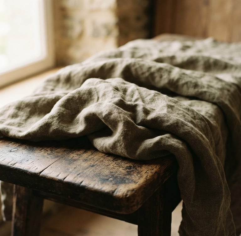 Close-up of heavy-weight Belgian linen with lived-in wrinkles, draped over a worn wooden bench, soft side window light, earthy muted tones, 35mm