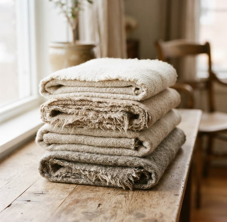 Neat stack of folded organic wool quilts showing raw edges, soft side window light, warm neutral tones, shallow depth of field, 35mm