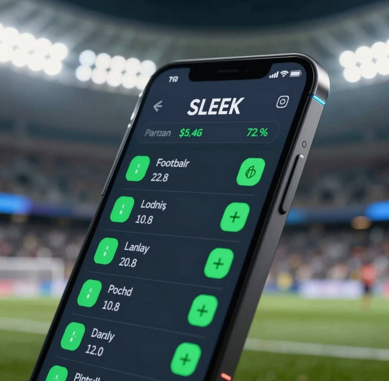 Sleek modern smartphone displaying real-time football parlay odds with electric green indicators, dramatic stadium lighting in the background, sharp cyber blue accents, macro shot