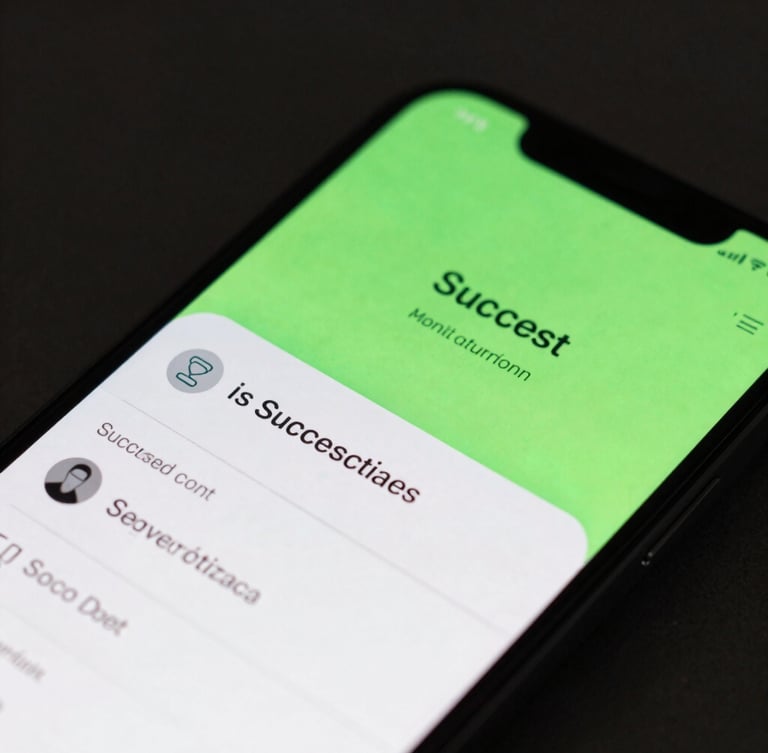 Macro close-up of a modern smartphone screen displaying a successful digital transaction confirmation with neon green accents, dark background