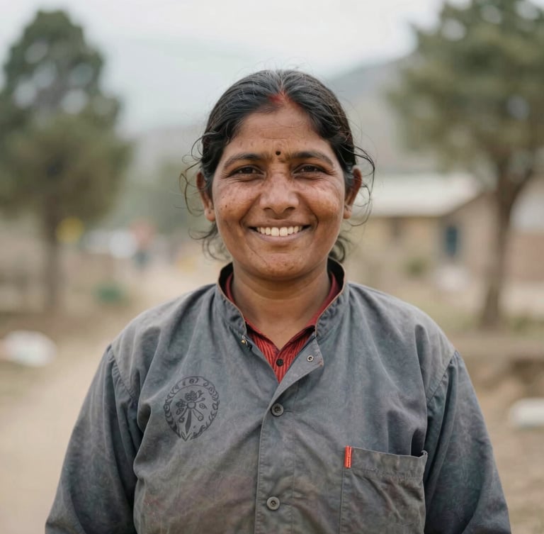 Medium environmental portrait of a local Kumaoni woman health worker smiling warmly, natural soft Himalayan daylight, earthy pine and slate tones, 35mm.