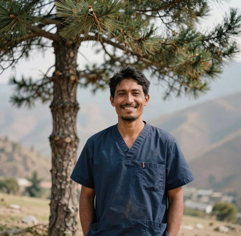 A medium portrait of a local healthcare worker smiling, standing near a deodar tree with soft Himalayan hills in the background, warm natural light.