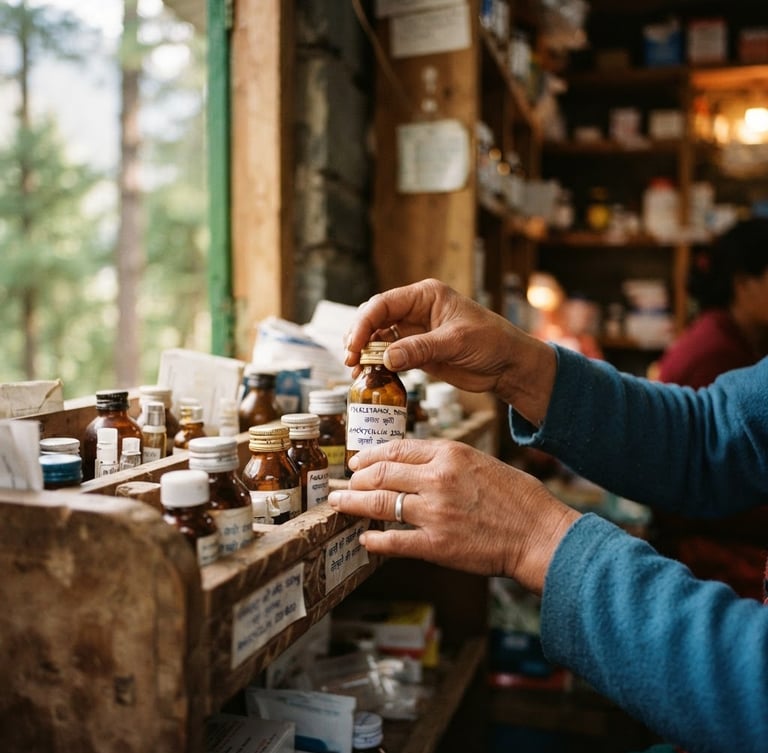 A close-up of hands carefully organizing medicine bottles inside a mobile clinic, soft natural light filtering through pine trees, warm 35mm style.