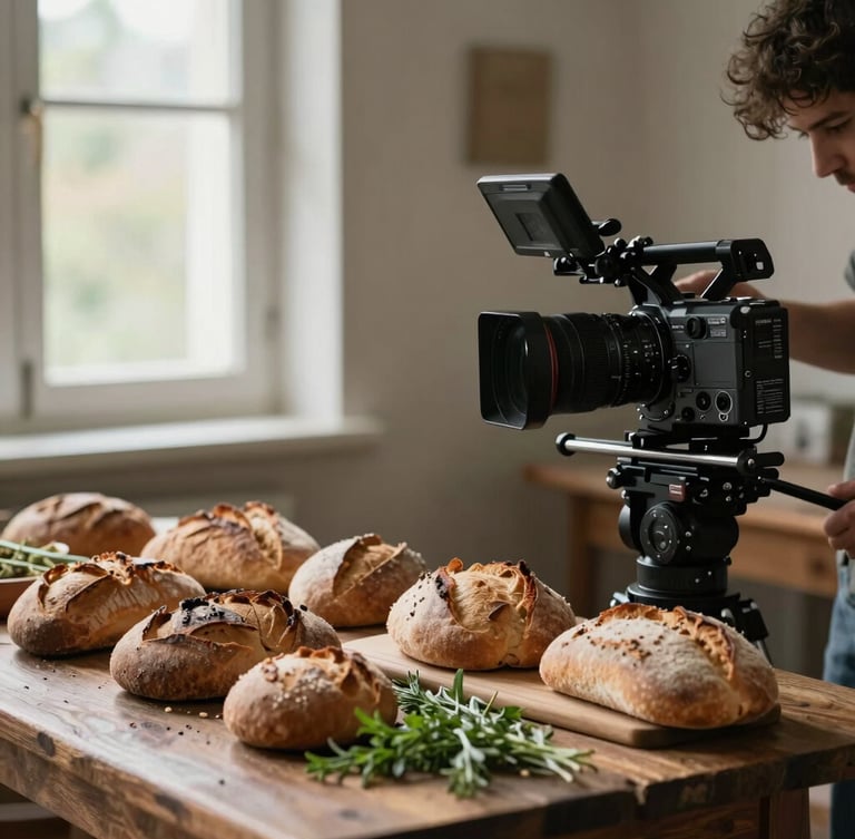Behind-the-scenes shot of a professional camera rig focused on a beautifully styled rustic table of fresh breads and herbs, soft window light.