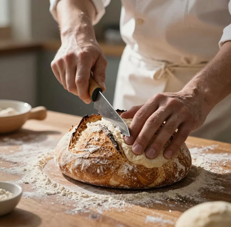 Close-up of baker scoring sourdough dough with a razor under warm morning light, flour dusting the dark wooden table.