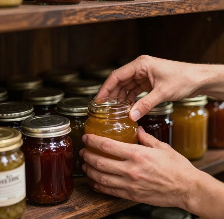 Tactile portrait of hands carefully arranging jars of organic preserves on a dark oak shelf, soft side lighting highlighting glass textures.