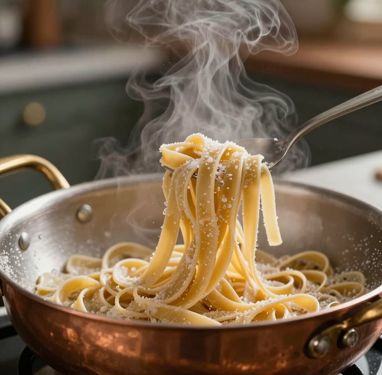 Macro shot of fresh pasta being tossed in a copper pan, steam rising under a soft warm kitchen light, dark background