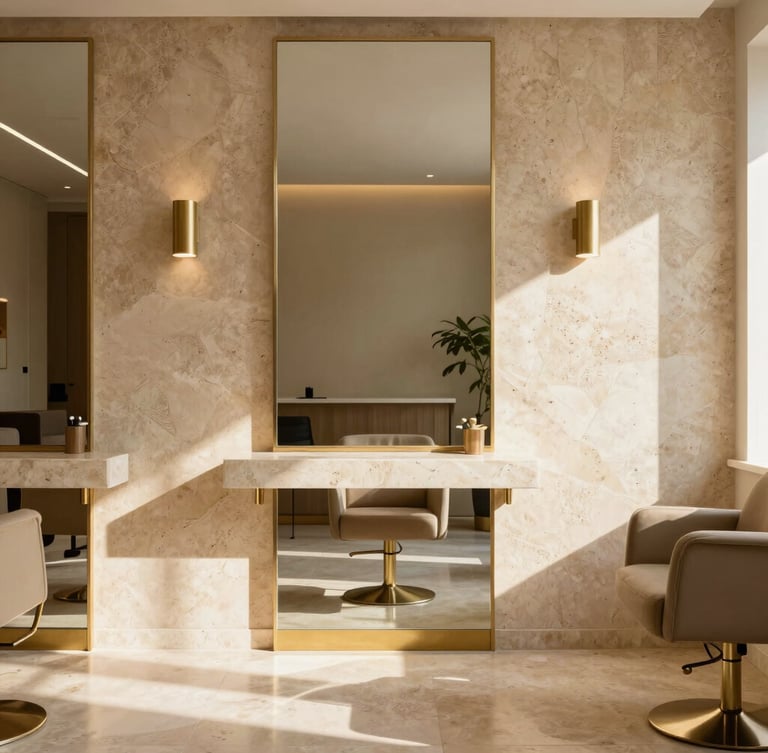 Straight-on architectural shot of a sun-drenched empty salon suite with warm travertine walls, brushed brass fixtures, and soft afternoon sunlight casting delicate shadows.
