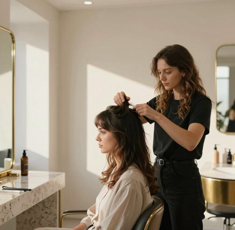 Candid, natural portrait of a beauty professional focused on styling hair in a bright, minimalist suite, warm afternoon sun, soft shadows, 35mm lens