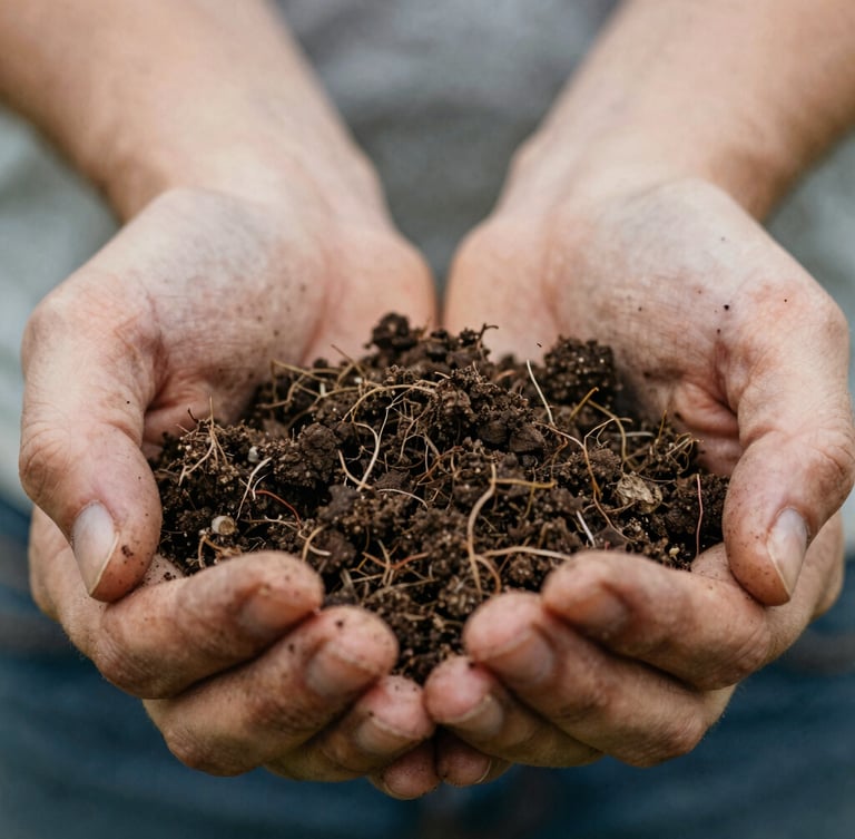 Close-up of weathered hands holding dark, crumbly organic soil with tiny roots, soft overcast daylight, macro texture detail