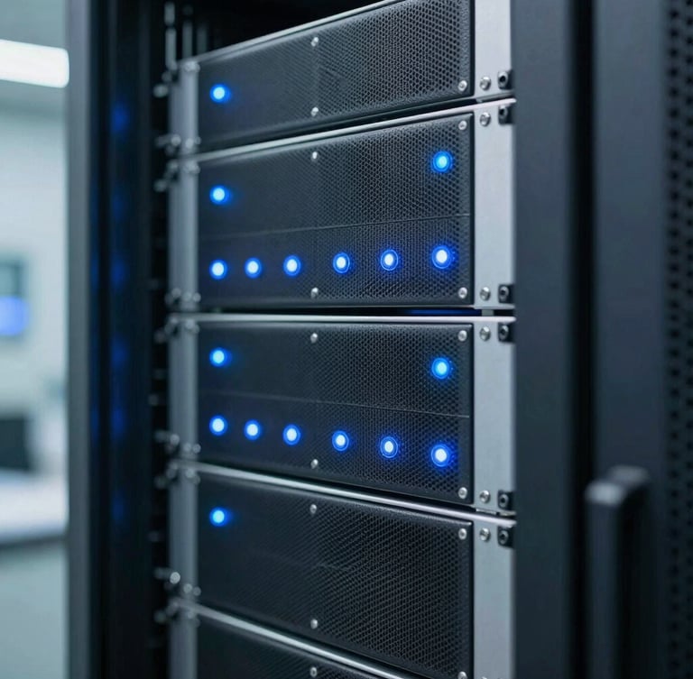 Close-up of a high-end cleanroom server rack with blue status lights, sharp focus, cool and crisp lighting.