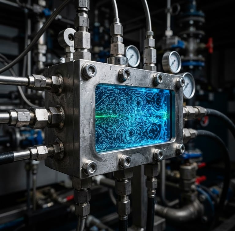 Macro close-up of a stainless steel nanobubble manifold for wastewater treatment, showing laser-assisted fluid flow visualization (PIV) diagrams in safety blue, sharp industrial product photography, crisp directional studio lighting, metallic steel and safety blue tones, high contrast.